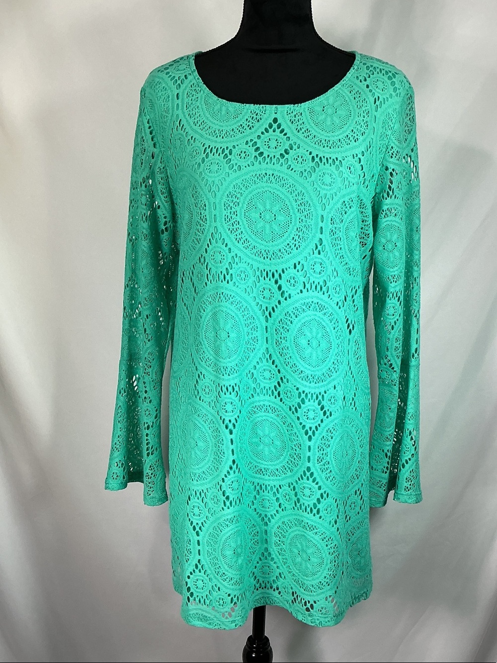 Tacera Crochet Lace Bell Sleeve Tunic A-Line Mini Dress L Green Scoop Neck Boho